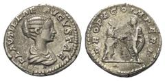 Roman Imperial Coinage Plautilla (gest. 211 n. Chr.). Denar (Silber). 202 n. Chr. Rom. Vs: PLAVTILLAE AVGVSTAE. Drapierte Büste rechts. Rs: PROPAGO IMPERI. Plautilla und Caracalla stehen einander gege