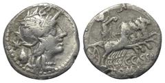 Roman Republican C. Cassius. Denar (Silber). 126 v. Chr. Rom. Vs: Romakopf mit geflügeltem Helm nach rechts, dahinter Wahlurne. Rs: C CASSI / ROMA. Libertas in Quadriga mit Stab und Pileus nach rechts