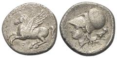 Greek Korinthia. Korinth. Stater (Silber). Ca. 375 - 300 v. Chr. Vs: Pegasos nach links fliegend, darunter Koppa. Rs: Kopf der Athena mit korinthischem Helm links; im Feld links I und rechts Eule nach