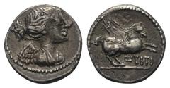 Roman Republican Q. Titius. Quinar (Silber). 90 v. Chr. Rom. Vs: Drapierte Büste der Victoria rechts. Rs: Q TITI. Pegasus nach rechts springend. 13 mm. 1,84 g. Cr. 341/3; Syd. 693; King 44. Patina, Kr