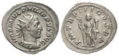 Roman Imperial Coinage Philippus I. Arabs (244 - 249 n. Chr.). Antoninian (Silber). 245 - 246 n. Chr. Rom. Vs: IMP M IVL PHILIPPVS AVG. Büste mit Strahlenkrone, Paludament und Panzer rechts. Rs: P M T