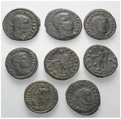 Lots - Ancient Coins Römische Münzen - Lots. Kaiserzeit. Lot (8 Stück): Folles (Kupfer) des Maximianus I. Herculius (285 - 310 n. Chr.) (2x), Constantinus I. (307 - 337 n. Chr.) und Maximinus II. Daia