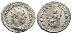 Roman Imperial Coinage Philippus I. Arabs (244 - 249 n. Chr.). Antoninian (Silber). 245 - 247 n. Chr. Rom. Vs: IMP M IVL PHILIPPVS AVG. Büste mit Strahlenkrone, Paludament und Panzer rechts. Rs: ROMAE