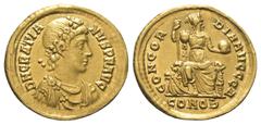 Roman Imperial Coinage Gratianus (367 - 383 n. Chr.). Solidus (Gold). 378 - 383 n. Chr. Constantinopolis. Vs: D N GRATIA - NVS P F AVG. Büste mit Rosettendiadem, Paludament und Panzer rechts. Rs: CONC