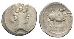 Roman Republican Q. Titius. Denar (Silber). 90 v. Chr. Rom. Vs: Kopf des Bacchus (Liber) mit Efeukranz rechts. Rs: Pegasus nach rechts springend, darunter Basis mit der Inschrift Q TITI. 20 mm. 3,71 g