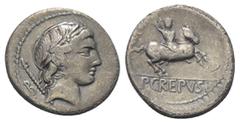 Roman Republican P. Crepusius. Denar (Silber). 82 v. Chr. Rom. Vs: Kopf des Apollo mit Lorbeerkranz rechts, dahinter Szepter. Rs: P CREPVSI. Reiter mit Lanze nach rechts galoppierend; im Feld links Ko