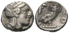 Greek Attika. Athen. Tetradrachme (Silber). Ca. 400 - 353 v. Chr. Vs: Kopf der Athena mit ölzweiggeschmücktem attischem Helm, Ohranhänger und Halskette rechts. Rs: Eule nach rechts stehend, Kopf en fa