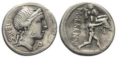 Roman Republican M. Herennius. Denar (Silber). 108 oder 107 v. Chr. Rom. Vs: PIETAS. Kopf der Pietas mit Diadem rechts. Rs: M HERENNI. Amphinomus, einer der beiden Brüder aus Catane, mit seinem Vater 