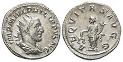 Roman Imperial Coinage Philippus I. Arabs (244 - 249 n. Chr.). Antoninian (Silber). 245 - 247 n. Chr. Rom. Vs: IMP M IVL PHILIPPVS AVG. Büste mit Strahlenkrone, Paludament und Panzer rechts. Rs: AEQVI
