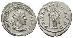 Roman Imperial Coinage Philippus I. Arabs (244 - 249 n. Chr.). Antoninian (Silber). 245 - 246 n. Chr. Rom. Vs: IMP M IVL PHILIPPVS AVG. Büste mit Strahlenkrone, Paludament und Panzer rechts. Rs: P M T