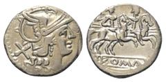 Roman Republican Anonyme Prägungen. Denar (Silber). 189 - 180 v. Chr. Rom. Vs: Kopf der Roma mit geflügeltem Greifenkopfhelm rechts, hinten X. Rs: ROMA. Die Dioskuren mit eingelegten Lanzen nach recht