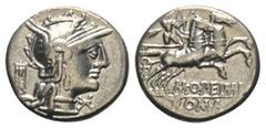 Roman Republican L. Opimius. Denar (Silber). 131 v. Chr. Rom. Vs: Kopf der Roma rechts, hinten Kontrollmarke. Rs: L OPEIMI / ROMA. Victoria mit Kranz in Quadriga nach rechts fahrend. 18 mm. 4,47 g. Cr