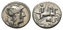 Roman Republican L. Caecilius Metellus Diadematus. Denar (Silber). 128 v. Chr. Rom. Vs: Kopf der Roma mit geflügeltem Greifenkopfhelm rechts, dahinter Wertzeichen. Rs: ROMA. Pax mit Zweig und Szepter 