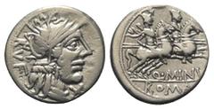 Roman Republican Q. Minucius Rufus. Denar (Silber). 122 v. Chr. Rom. Vs: RVF. Kopf der Roma mit geflügeltem Helm rechts, davor Wertzeichen. Rs: Q MINV / ROMA. Die Dioscuren mit eingelegten Lanzen zu P