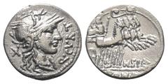 Roman Republican Q. Curtius und M. Iunius Silanus. Denar (Silber). Ca. 116 - 155 v. Chr. Vs: Q CVRT. Kopf der Roma mit geflügeltem Helm rechts, dahinter Wertzeichen X. Rs: M SILA / ROMA. Jupiter mit B