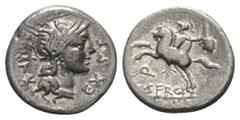 Roman Republican M. Sergius Silus. Denar (Silber). 116 oder 115 v. Chr. Rom. Vs: ROMA EX S C. Kopf der Roma mit geflügeltem Greifenkopfhelm rechts, dahinter Wertzeichen. Rs: M SERGI / SILVS. Reiter mi