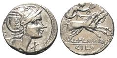 Roman Republican L. Flaminius Chilo. Denar (Silber). 109 oder 108 v. Chr. Rom. Vs: ROMA. Kopf der Roma mit geflügeltem Helm rechts, davor Wertzeichen. Rs: L FLAMINI / CILO. Victoria mit Kranz in galop