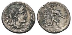 Roman Republican M. Herennius. Denar (Subärat). 108 oder 107 v. Chr. Rom. Vs: PIETAS. Kopf der Pietas mit Diadem rechts. Rs: M HERENNI. Amphinomus, einer der beiden Brüder aus Catane, mit seinem Vater