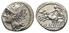 Roman Republican C. Coelius Caldus. Denar (Silber). 104 v. Chr. Rom. Vs: Kopf der Roma mit geflügeltem Greifenkopfhelm links. Rs: CALD. Victoria in galoppierender Biga nach links fahrend, im Abschnitt