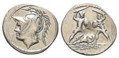 Roman Republican Q. Minucius Thermus. Denar (Silber). 103 v. Chr. Rom. Vs: Kopf des Mars mit federgeschmücktem Helm links. Rs: Q THERM M F. Römischer Soldat mit Schwert und Schild kämpft gegen barbari