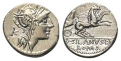 Roman Republican D. Iunius Silanus. Denar (Silber). 91 v. Chr. Rom. Vs: Kopf der Roma mit geflügeltem Helm rechts, dahinter Kontrollmarke. Rs: D SILANVS L F / ROMA. Victoria mit Zügeln in beiden Hände
