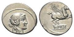 Roman Republican Q. Titius. Denar (Silber). 90 v. Chr. Rom. Vs: Kopf des Bacchus (Liber) mit Efeukranz rechts. Rs: Pegasus nach rechts springend, darunter Basis mit der Inschrift Q TITI. 18 mm. 3,92 g