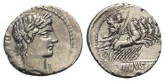 Roman Republican C. Vibius Pansa. Denar (Silber). 90 v. Chr. Rom. Vs: PANSA. Kopf des Apollo mit Lorbeerkranz rechts, davor Kontrollmarke. Rs: C VIBIVS C F. Minerva mit Lanze und Tropaeum in Quadriga 
