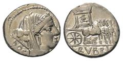 Roman Republican L. Rubrius Dossenus. Denar (Silber). 87 v. Chr. Rom. Vs: DOS. Kopf der Juno mit Diadem und Schleier sowie Szepter über Schulter nach rechts. Rs: [L RVBRI]. Triumphalquadriga nach rech