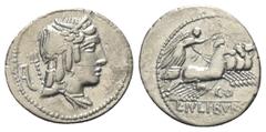 Roman Republican L. Iulius Bursio. Denar (Silber). 85 v. Chr. Rom. Vs: Drapierte Büste des Apollo Veiovis mit Flügel, Lorbeerkranz und Dreizack rechts, dahinter Beizeichen. Rs: L IVLI BVRSIO. Victoria