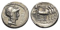 Roman Republican L. Sulla und L. Manlius Torquatus. Denar (Silber). 82 v. Chr. Feldmünzstätte des Sulla. Vs: L MANLI PRO Q. Kopf der Roma mit geflügeltem Greifenkopfhelm rechts. Rs: L SVLLA IM. Sulla 