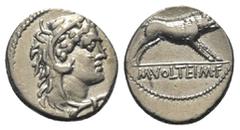Roman Republican M. Volteius M. F. Denar (Silber). 75 v. Chr. Rom. Vs: Kopf des jugendlichen Hercules mit Löwenfellhaube rechts. Rs: M VOLTEI M F. Der erymanthische Eber nach rechts springend. 18 mm. 