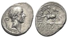 Roman Republican L. Marcius Philippus. Denar (Silber). 56 v. Chr. Rom. Vs: ANCVS. Kopf des Ancus Marcius mit Diadem rechts, im Feld links Augurenstab. Rs: A - Q - V - A - MAR (ligiert) in den fünf Bög