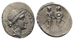 Roman Republican C. Servilius. Denar (Silber). 53 v. Chr. Rom. Vs: FLORAL PRIMVS. Kopf der Flora mit Lorbeer- und Blütenkranz rechts, dahinter Lituus. Rs: [C SERVEIL / C F]. Zwei Krieger mit Helm, Sch