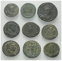Lots - Ancient Coins Römische Münzen - Lots. Kaiserzeit. Lot (9 Stück, Bronze): Kleinbronzen des Constantinus I. (307 - 337 n. Chr.) (3x), Licinius I. (308 - 324 n. Chr.), Crispus (Caesar 317 - 326 n.