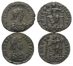 Lots - Ancient Coins Römische Münzen - Lots. Kaiserzeit. Lot (2 Stück, Bronze): Kleinbronzen des Theodosius I. (379 - 395 n. Chr.) und Valentinianus II. (375 - 392 n. Chr.). Fast vorzüglich. Verkauft 