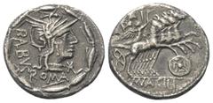 Roman Republican Mn. Acilius Balbus. Denar (Silber). 125 v. Chr. Rom. Vs: BALBVS / ROMA. Kopf der Roma mit geflügeltem Helm rechts, davor Wertzeichen. Das Ganze im Eichenkranz. Rs: MN ACILI. Jupiter m