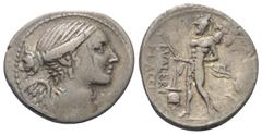 Roman Republican L. Valerius Flaccus. Denar (Silber). 108 oder 107 v. Chr. Rom. Vs: Drapierte Büste der Victoria. Rs: L VALERI FLACCI. Mars mit Speer und Tropaeum nach links schreitend. Vor ihm apex, 