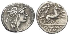 Roman Republican D. Iunius Silanus. Denar (Silber). 91 v. Chr. Rom. Vs: Kopf der Roma mit geflügeltem Helm rechts, dahinter Kontrollmarke. Rs: D SILANVS L F / ROMA. Victoria mit Zügeln in beiden Hände