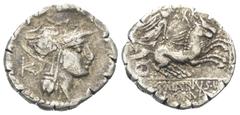 Roman Republican D. Iunius Silanus. Denar (Silber). 91 v. Chr. Rom. Vs: Kopf der Roma mit geflügeltem Helm rechts, dahinter Kontrollmarke. Rs: D SILANVS L F / ROMA. Victoria mit Zügeln in beiden Hände