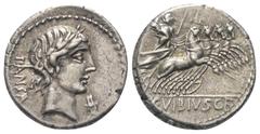 Roman Republican C. Vibius Pansa. Denar (Silber). 90 v. Chr. Rom. Vs: PANSA. Kopf des Apollo mit Lorbeerkranz rechts, davor Kontrollmarke. Rs: C VIBIVS C F. Minerva mit Lanze und Tropaeum in Quadriga 