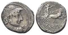 Roman Republican Cn. Lentulus Clodianus. Quinar (Silber). 88 v. Chr. Rom. Vs: Büste des Mars, mit Helm, Lanze und Schildgurt nach rechts. Rs: Victoria rast in Biga nach rechts. Im Abschnitt CN LENTVL.