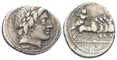 Roman Republican Anonym. Denar (Silber). 86 v. Chr. Rom. Vs: Kopf des Apollo mit Eichenlaubkranz rechts, darunter Blitzbündel. Rs: Jupiter mit Blitzbündel in Quadriga nach rechts fahrend. 21 mm. 3,61 