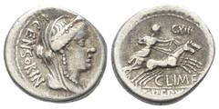 Roman Republican P Crepusius, C. Mamilius Limetanus und L. Censorinus. Denar (Silber). 82 v. Chr. Rom. Vs: L CENSORIN. Drapierte und verschleierte Büste der Venus mit Diadem rechts. Rs: C LIMETAN / P 