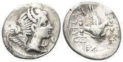 Roman Republican C. Valerius Flaccus. Denar (Silber). 82 v. Chr. Massalia. Vs: Drapierte Büste der Victoria rechts; davor Kontrollmarke. Rs: C VAL FLA / IMPERAT / EX - S C. Legionsadler zwischen zwei 