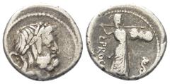 Roman Republican L. Procilius. Denar (Silber). 80 v. Chr. Rom. Vs: Kopf des Jupiter mit Lorbeerkranz rechts, dahinter S C. Rs: L PROCILI / F. Juno Sospita mit Speer und Schild nach rechts schreitend, 