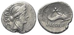 Roman Republican Mn. Cordius Rufus. Denar (Silber). Vs: RVFVS. S. C. Kopf der Venus mit Diadem rechts. Rs: MN CORDIVS. Cupido reitet auf Delphin nach rechts. 22 mm. 3,81 g. Cr. 463/3; Syd. 977. Sehr s