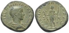 Roman Imperial Coinage Philippus II. (246 - 249 n. Chr.). Sesterz (Bronze). Rom. Vs: M IVL PHILIPPVS CAES. Barhäuptige Büste rechts. Rs: PRINCIPI IVVENTVTIS. Philippus II in militärischer Tracht nach 