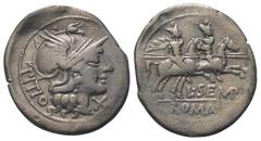 Roman Republican L. Sempronius Pitio. Denar (Silber). 148 v. Chr. Rom. Vs: PITIO. Kopf der Roma mit geflügeltem Helm rechts, davor Wertzeichen. Rs: L SEMP / ROMA. Die Dioscuren mit eingelegten Lanzen 