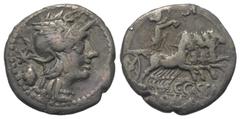 Roman Republican C. Cassius. Denar (Silber). 126 v. Chr. Rom. Vs: Romakopf mit geflügeltem Helm nach rechts, dahinter Wahlurne. Rs: C CASSI / ROMA. Libertas in Quadriga mit Stab und Pileus nach rechts
