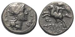 Roman Republican M. Sergius Silus. Denar (Silber). 116 oder 115 v. Chr. Rom. Vs: ROMA EX S C. Kopf der Roma mit geflügeltem Greifenkopfhelm rechts, dahinter Wertzeichen. Rs: M SERGI / SILVS. Reiter mi